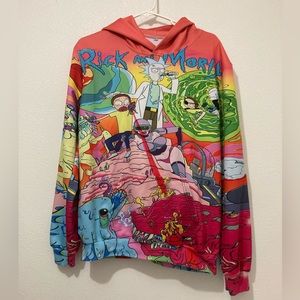 Rick and Morty Size Large Multicolor All Over Graphic Hoodie Pullover Pockets